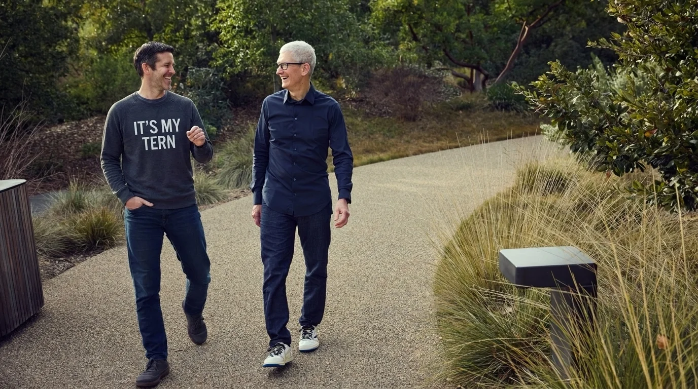 Ternus and Cook walking the grounds of Apple Park earlier this month.