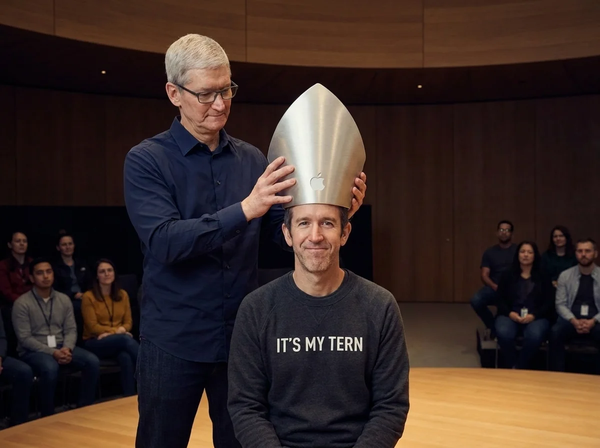 Cook places the Jony Ive-designed Apple mitre on Ternus during the handoff ceremony.
