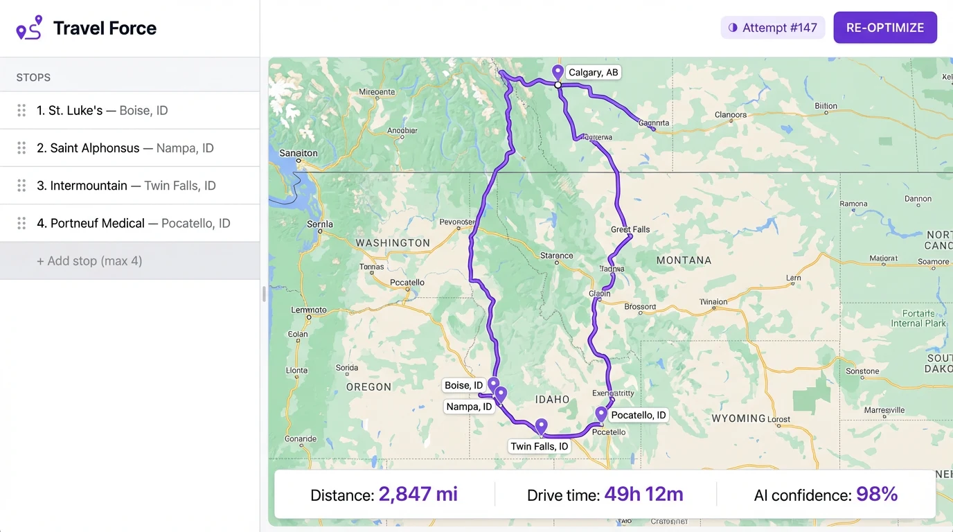 A recent Travel Force output for Keppel's four-clinic Idaho territory.
